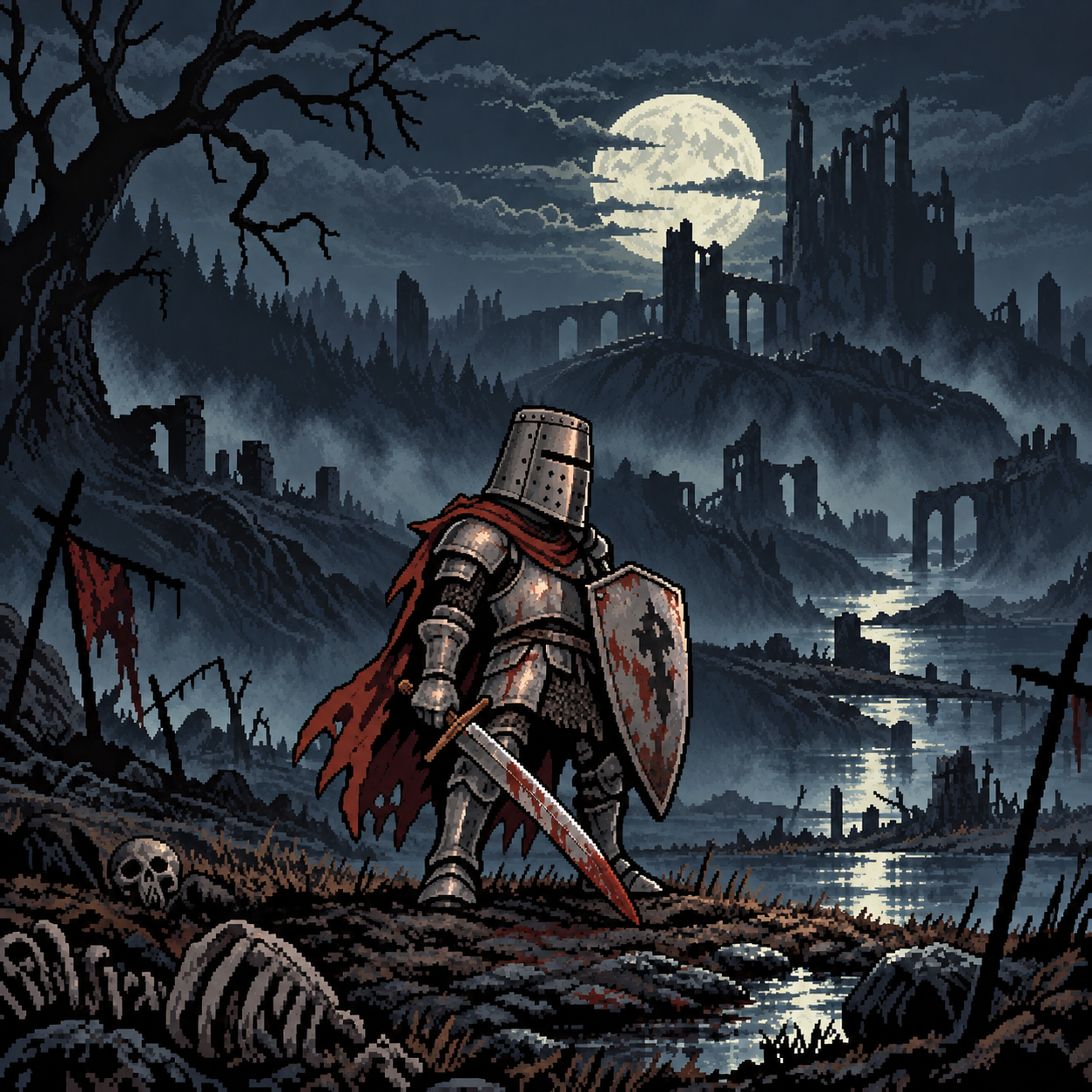 A lone pixel-art knight watches over a moonlit ruined kingdom